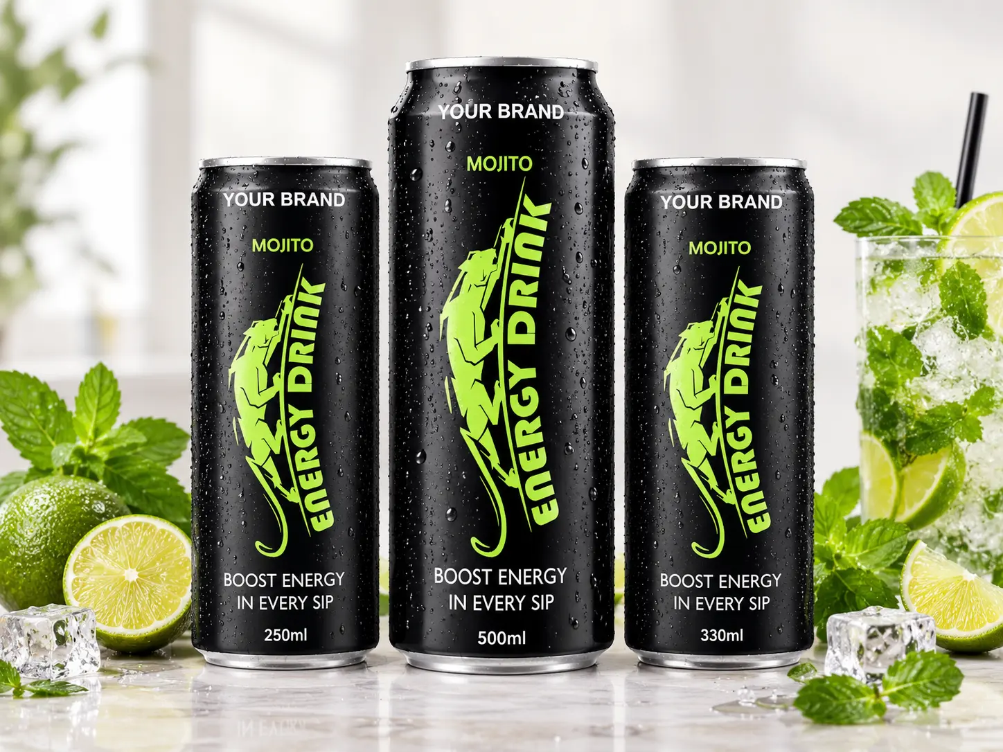 ENERGY DRINK Mojito flavour in 250ml, 500ml and 330ml cans.